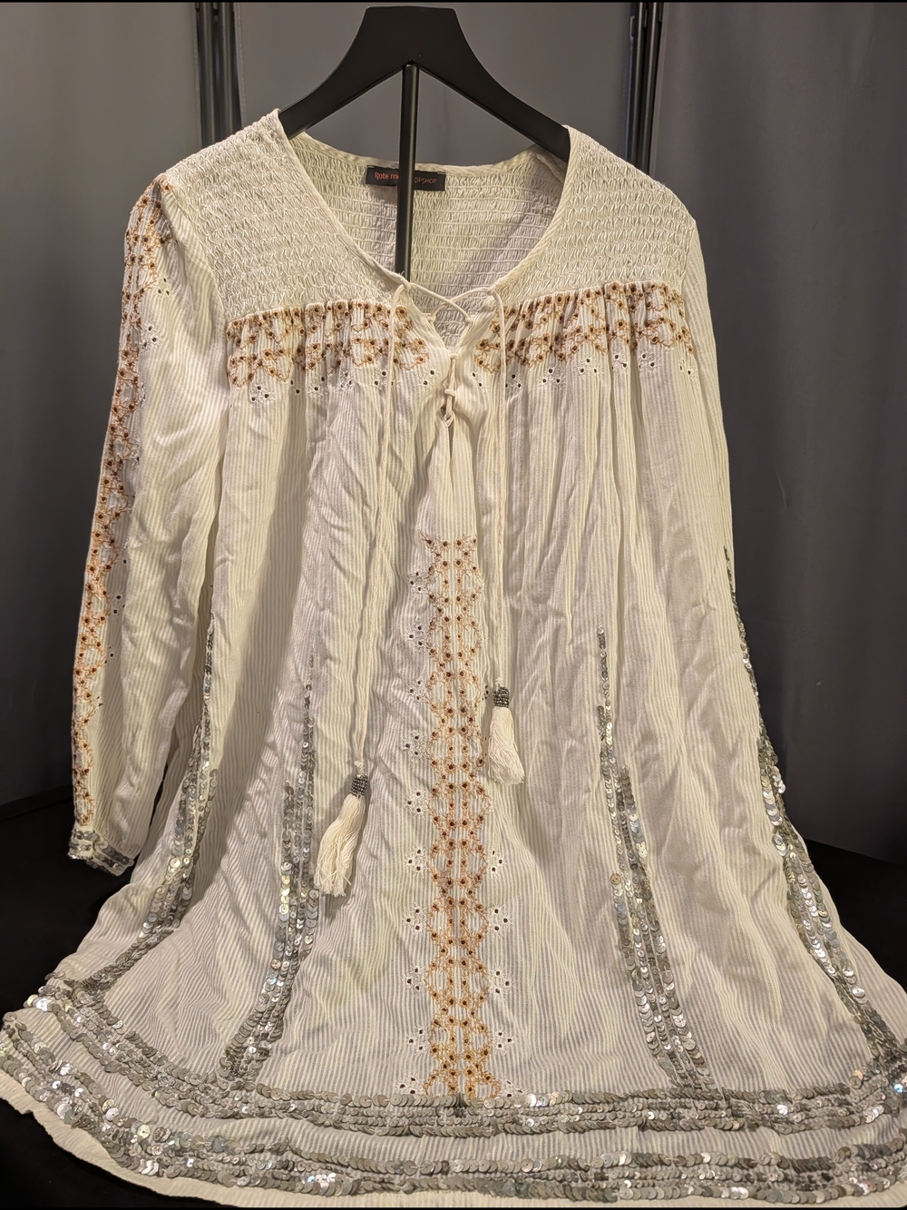 Topshop Kate Moss White Embellished Boho Tunic Dress with Silver Sequins